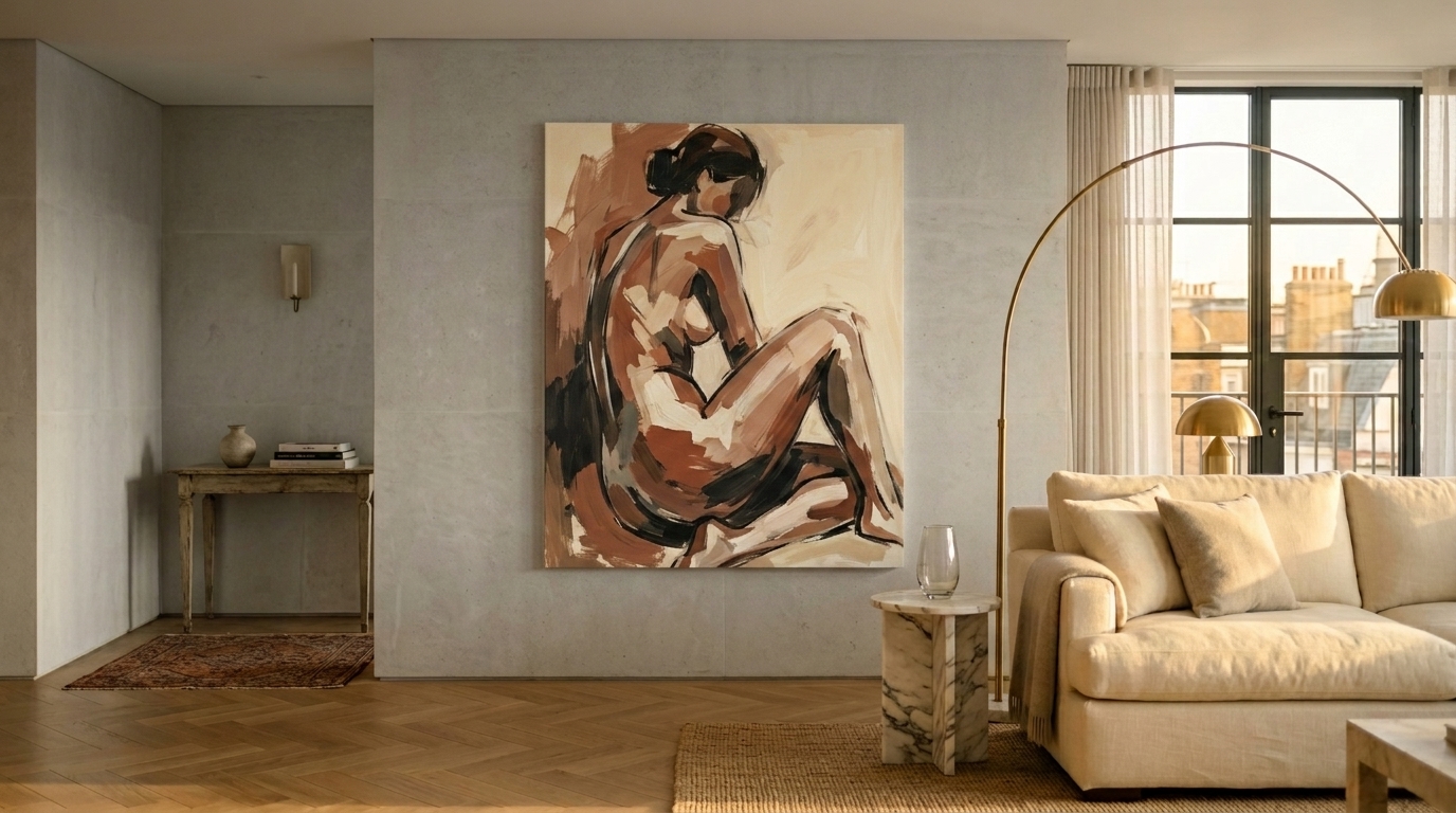 Hampstead drawing room after Zebra One Gallery consultation — curated artwork in place
